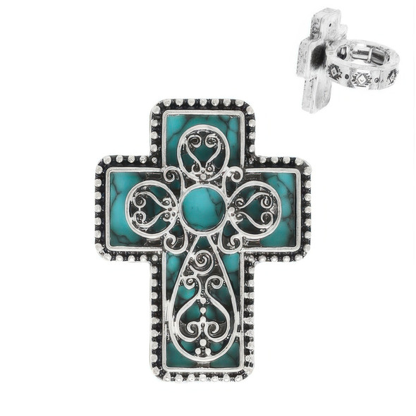 Western Turquoise Cross Stretch Ring-52286
