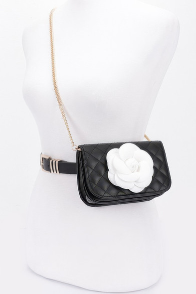 Faux Leather Quilted Flower Beltbag Shoulder Chain-50931