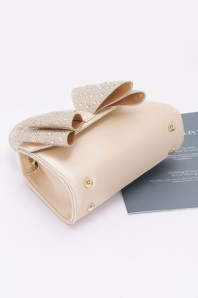 Rhinestone Ribbon Top Handle Satin Flap Bag-49450