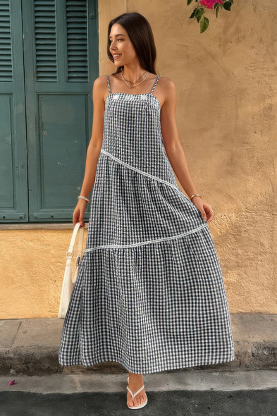 Suspenders Plaid Color Block A Line Dress-50594