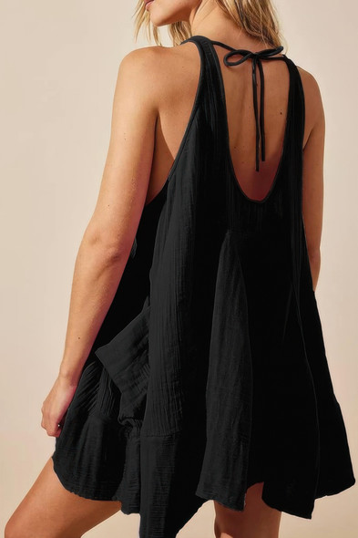 Solid A Line Pockets Low Back Knot Midi Dress-50579