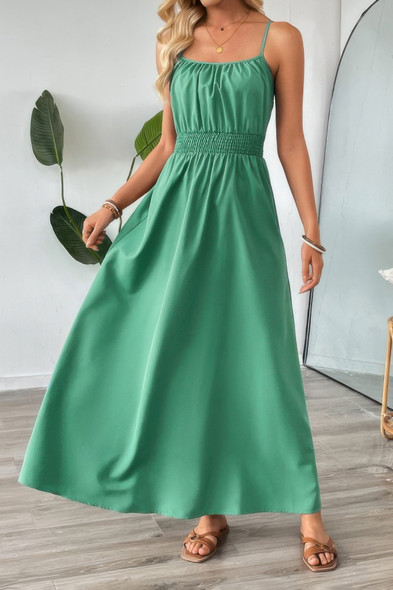 Solid Sleeveless Ruched Elactic Waist A Line Dress-50566