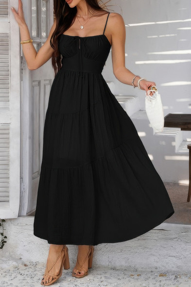 Solid Sleeveless Smocked Tiered Maxi Cami Dress-50063