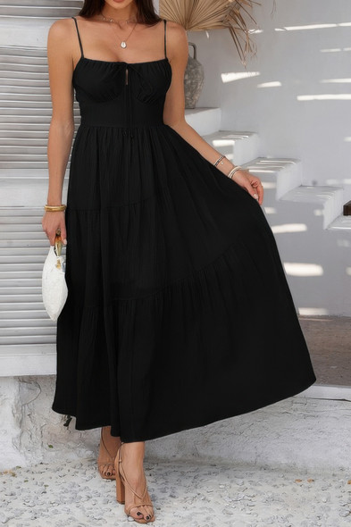 Solid Sleeveless Smocked Tiered Maxi Cami Dress-50063