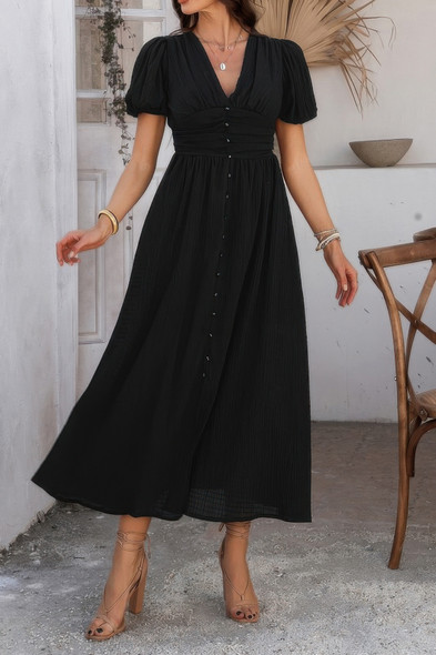 Solid V Neck Puff Sleeves Solid Knot Detail Dress-50062