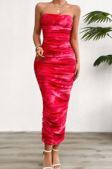 Off Shoulder Allover Print Pleated Bodycon Dress-49986