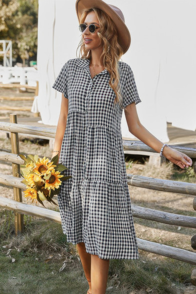 Short Sleeve Plaid Button Midi Dress-49902