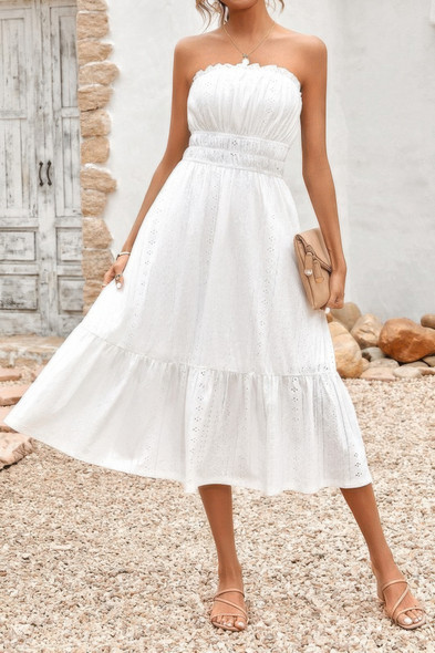 Solid Off Shoulder Elasit Waist Ruffle Dress-49879