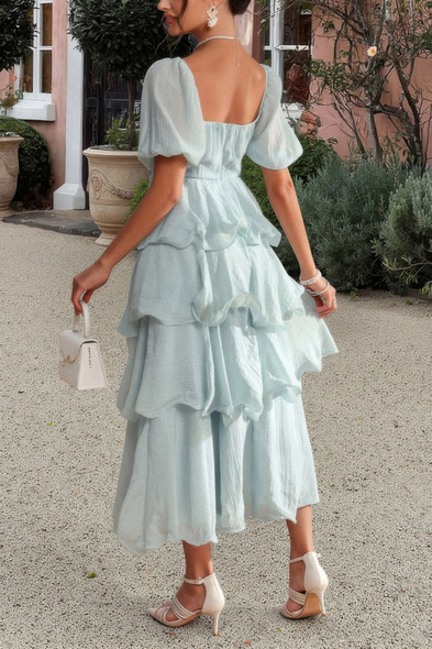 Off Shoulder Puff Short Sleeves Tiered Dress-49858