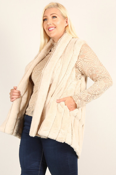 Plus Size Faux Fur Vest Jacket With Open Front, Hi-lo Hem, And Pockets-37737