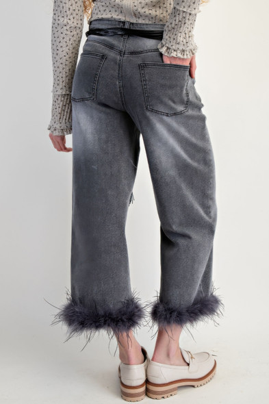 Fur Bottom Hem Washed Stretch Denim Pants           -49558