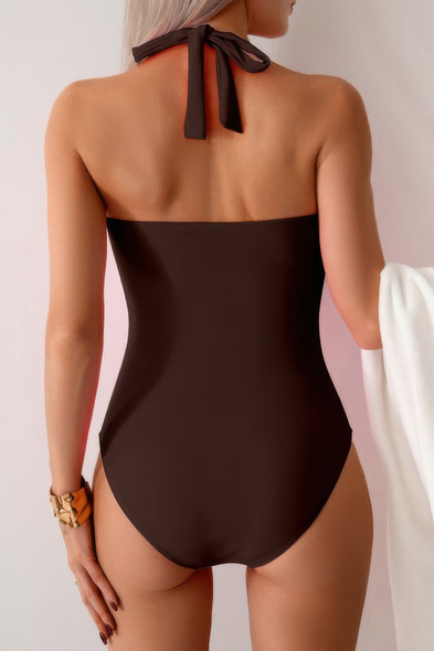 V Neck Halter One Piece Ruched Backless Swimsuit-49374