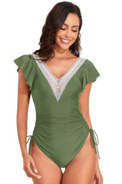 Ruffle Sleeves Lace Color Block Ruched Swimsuit-49346