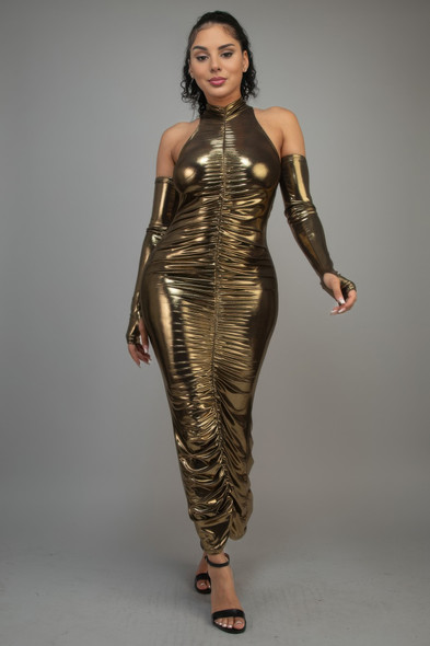 Metallic Ruched Dress With Sleeves-45797