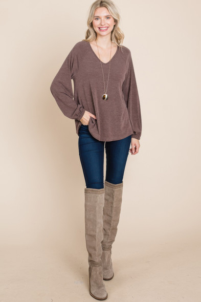 Casual V Neck Basic Long Sleeve Top      -44993