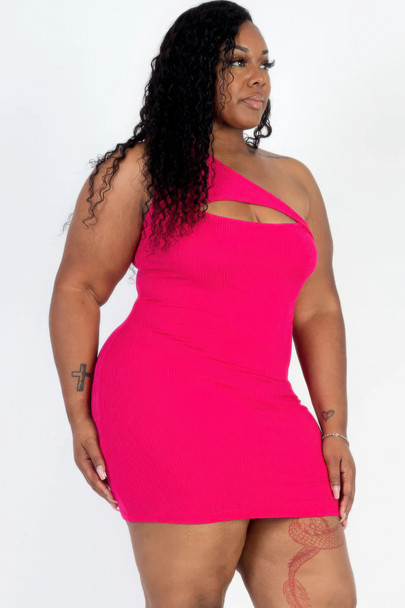 Plus Size Ribbed One Shoulder Cutout Front Casual Mini Bodycon Dress-44714