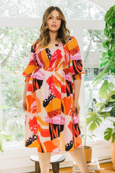 Plus Floral Print Square Neckline Midi Dress-43937