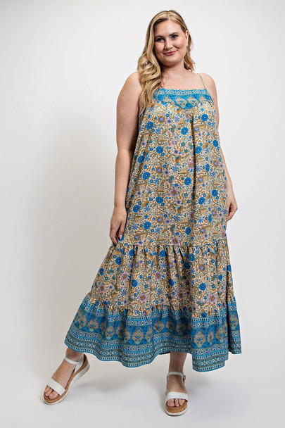 Floral And Aztec Print Drop Down Maxi Dress With Spaghetti Strap-43860