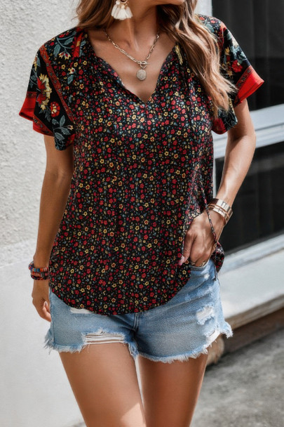 Floral Boho Ruffle V Neck Short Sleeve Loose Shirt-50572