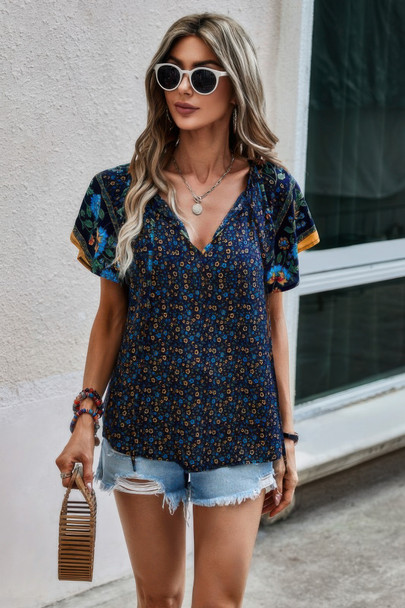 Floral Boho Ruffle V Neck Short Sleeve Loose Shirt-50572