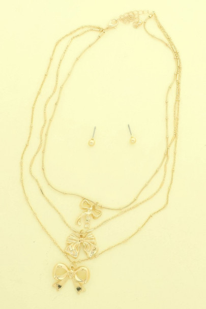 Multi-strand Bow Themed Chain Necklace Set-52169