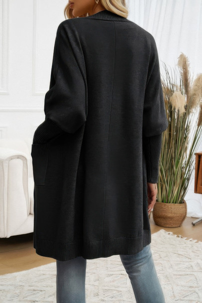 Knit Open Front Bishop Sleeves Pockets Cardigan-49908