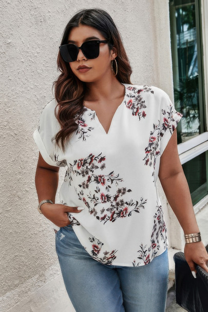 Plus Size Floral Print V Neck Loose Blouse-49934