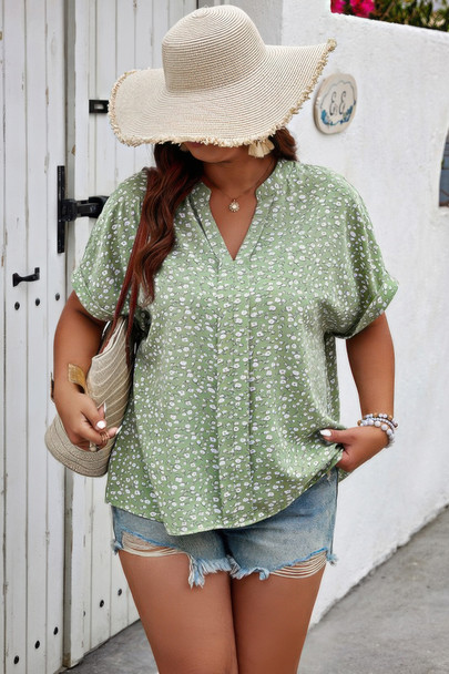 Plus Floral Print V Neck Short Sleeve Loose Blouse-49330