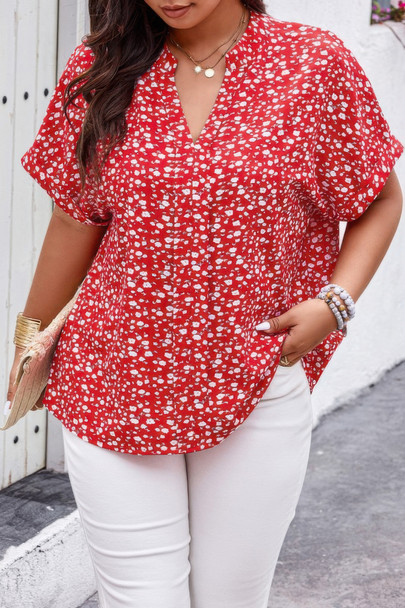 Plus Floral Print V Neck Short Sleeve Loose Blouse-49330