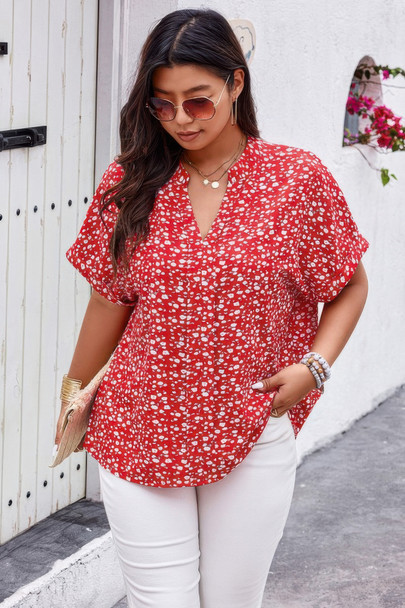 Plus Floral Print V Neck Short Sleeve Loose Blouse-49330