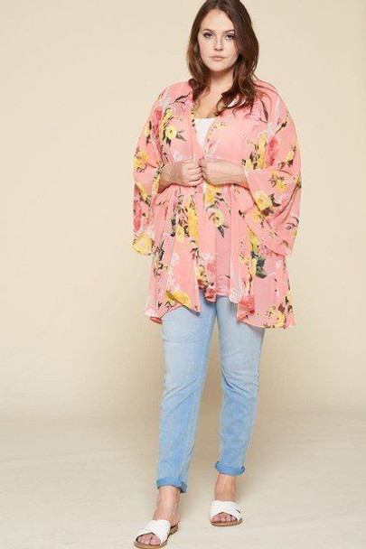 Plus Size Floral Printed Oversize Flowy And Airy Kimono With Dramatic Bell S...