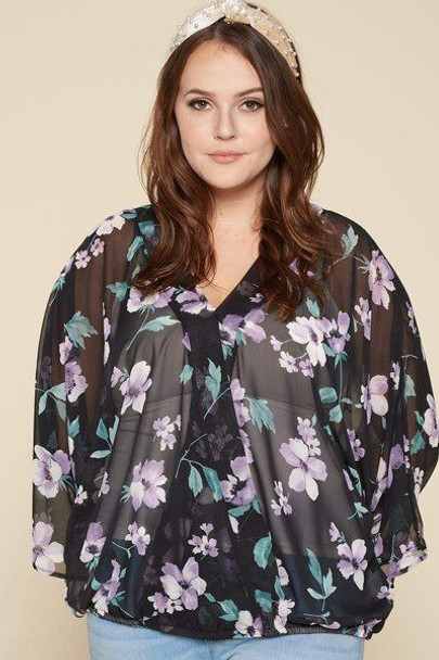 Plus Size Floral Chiffon Sheer Surplice Top-30563