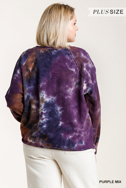 French Terry Tie-dye Raglan Long Sleeve Top With Raw Hem-32803