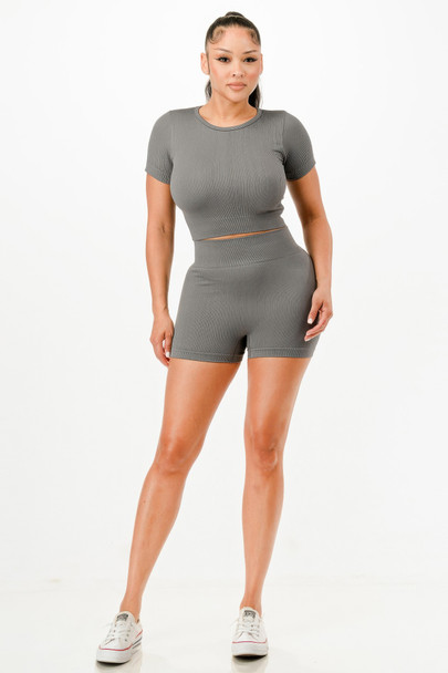 Ribbed Seamless T-shirt And Bike Shorts Set          -50225
