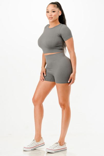 Ribbed Seamless T-shirt And Bike Shorts Set          -50225