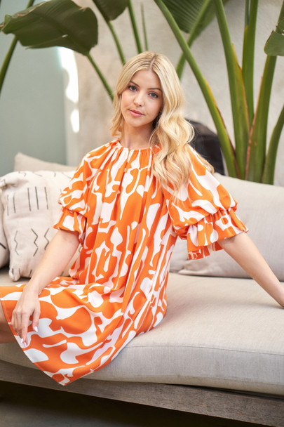 Geometric Print Loose Fit Mini Dress With Gathered Balloon Sleeves-47841