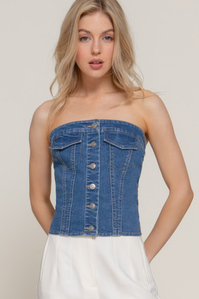 Button Down Placket Stretch Denim Tube Top-47356
