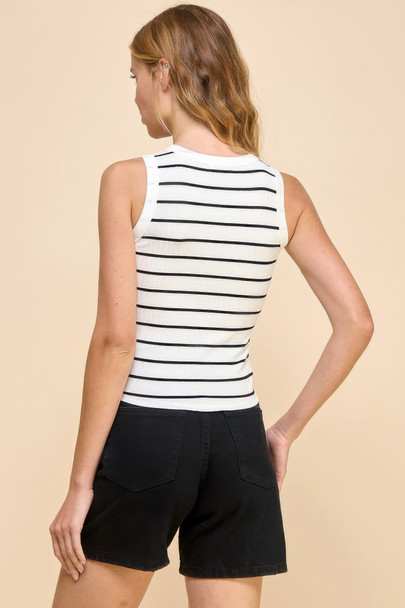 Button Detail Contrast Binding Stripe Tank Top-47043