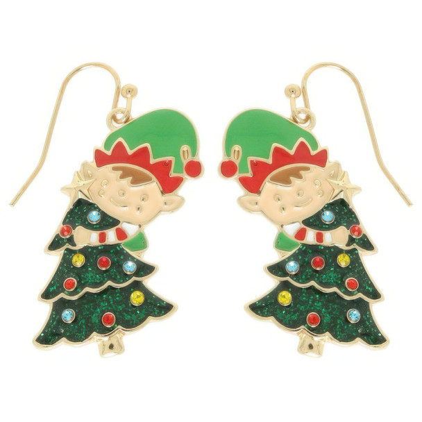 Christmas Tree With Elf Enamel Earrings-52095