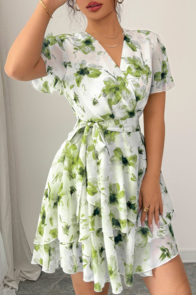 Floral V Neck Ruffle Sleeve Tie Belt Dress-49863