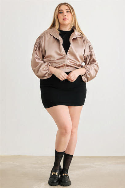 Plus Satin Zip-up Ruched Long Sleeve Cropped Bomber Jacket-42534