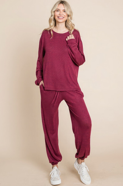 Two Tone Solid Warm And Soft Hacci Brush Loungewear Set-43329