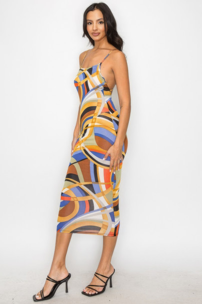 Crossed Back Marble Print Multicolor Midi Dress-43711