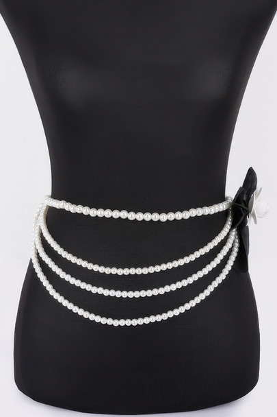 Layered Faux Pearl Flower Ribbon Belt-50950