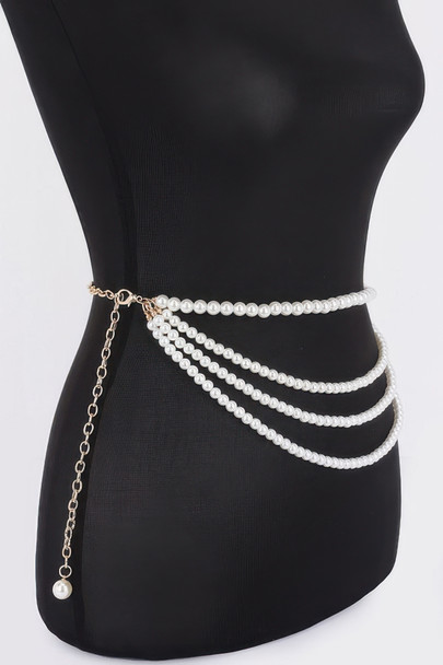 Layered Faux Pearl Flower Ribbon Belt-50950
