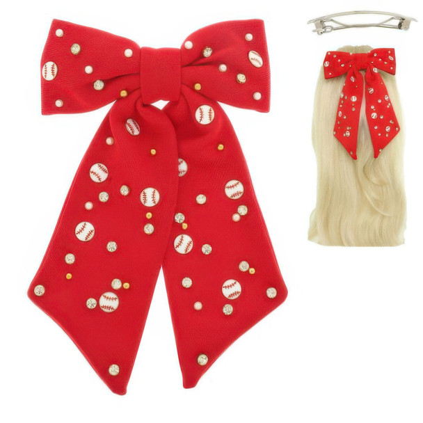 Gane Day Jeweled Baseball Bow Barrette Hair Clip-52307