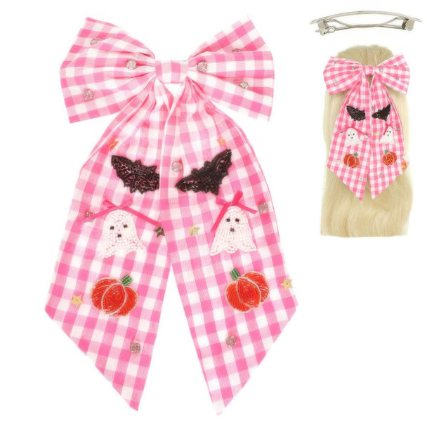 Halloween Gingham Theme Bow Ribbon Barrette Clip-52305