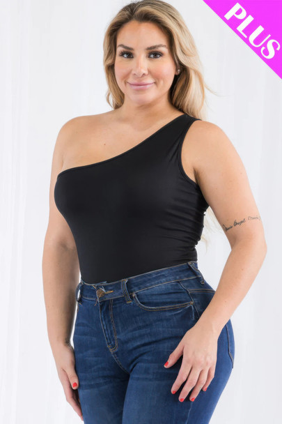 Plus size one shoulder solid casual bodysuit-45026