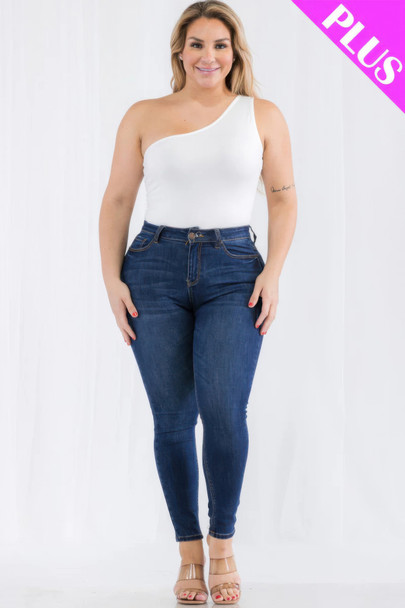 Plus size one shoulder solid casual bodysuit-45033