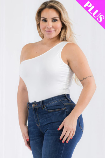 Plus size one shoulder solid casual bodysuit-45033
